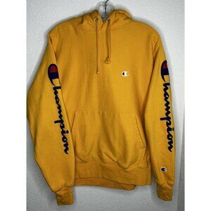 Champion Reverse Weave Hoodie Mens Medium Yellow Pullover Script Logo Spell Out